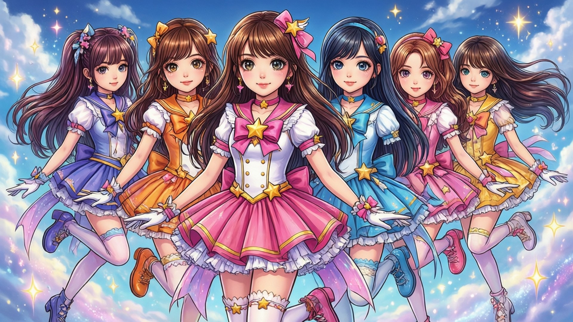 六個動畫女孩穿著星星主題連衣裙，在閃爍的天空中歡樂跳躍。