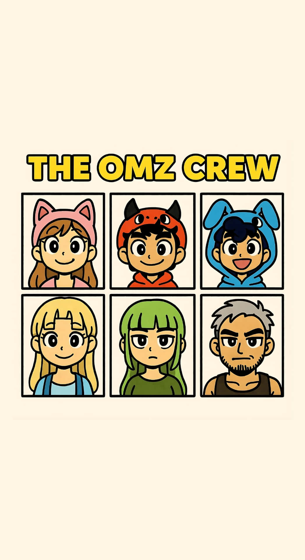  壁紙 — 六個穿著動物主題連帽衫的卡通角色在粗體黃色文字「THE OMZ CREW」下微笑或皺眉。