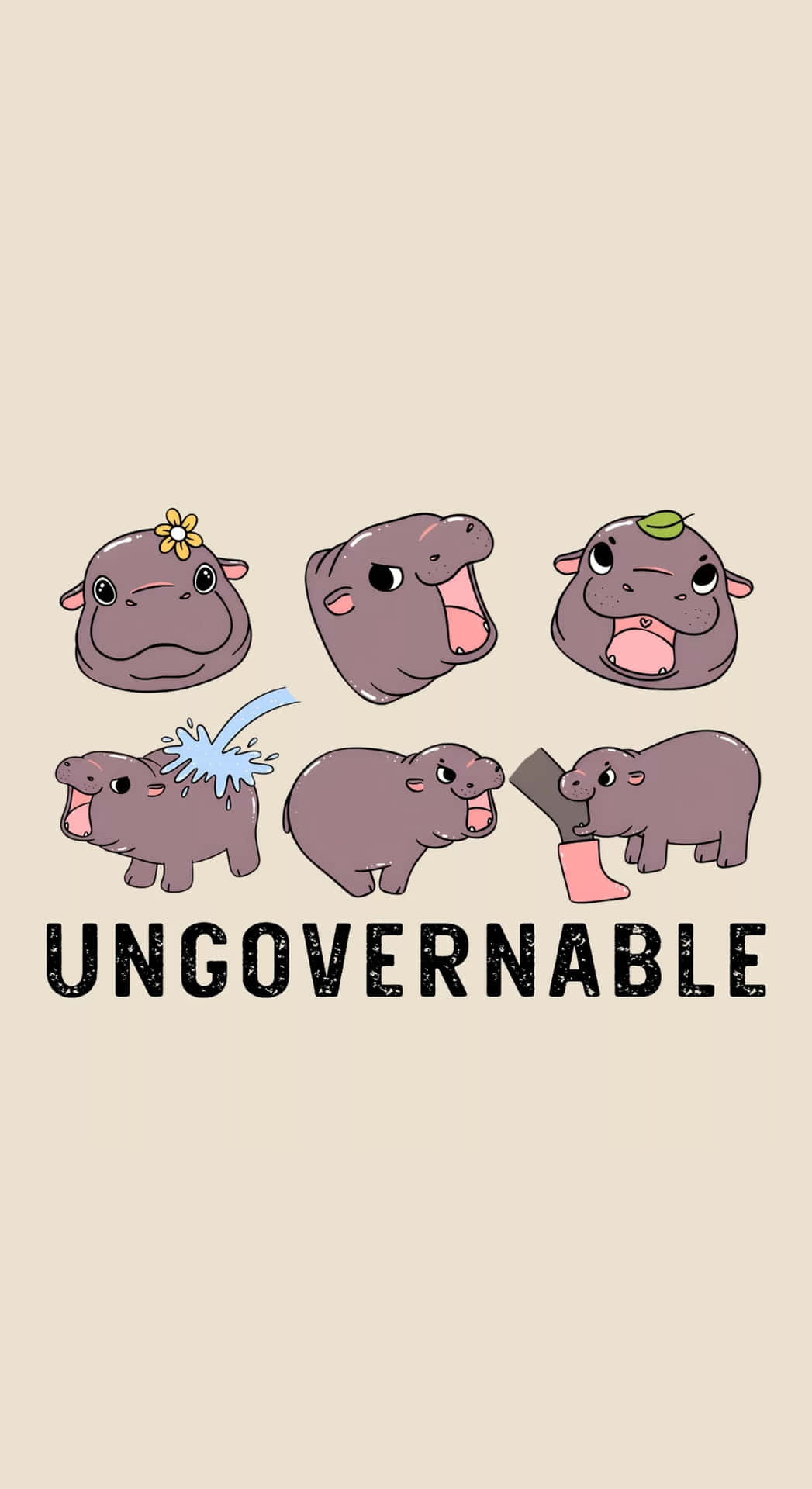  壁紙 — 六隻卡通河馬擺出傻氣姿勢，下方有「ungovernable」字樣，背景為米色。
