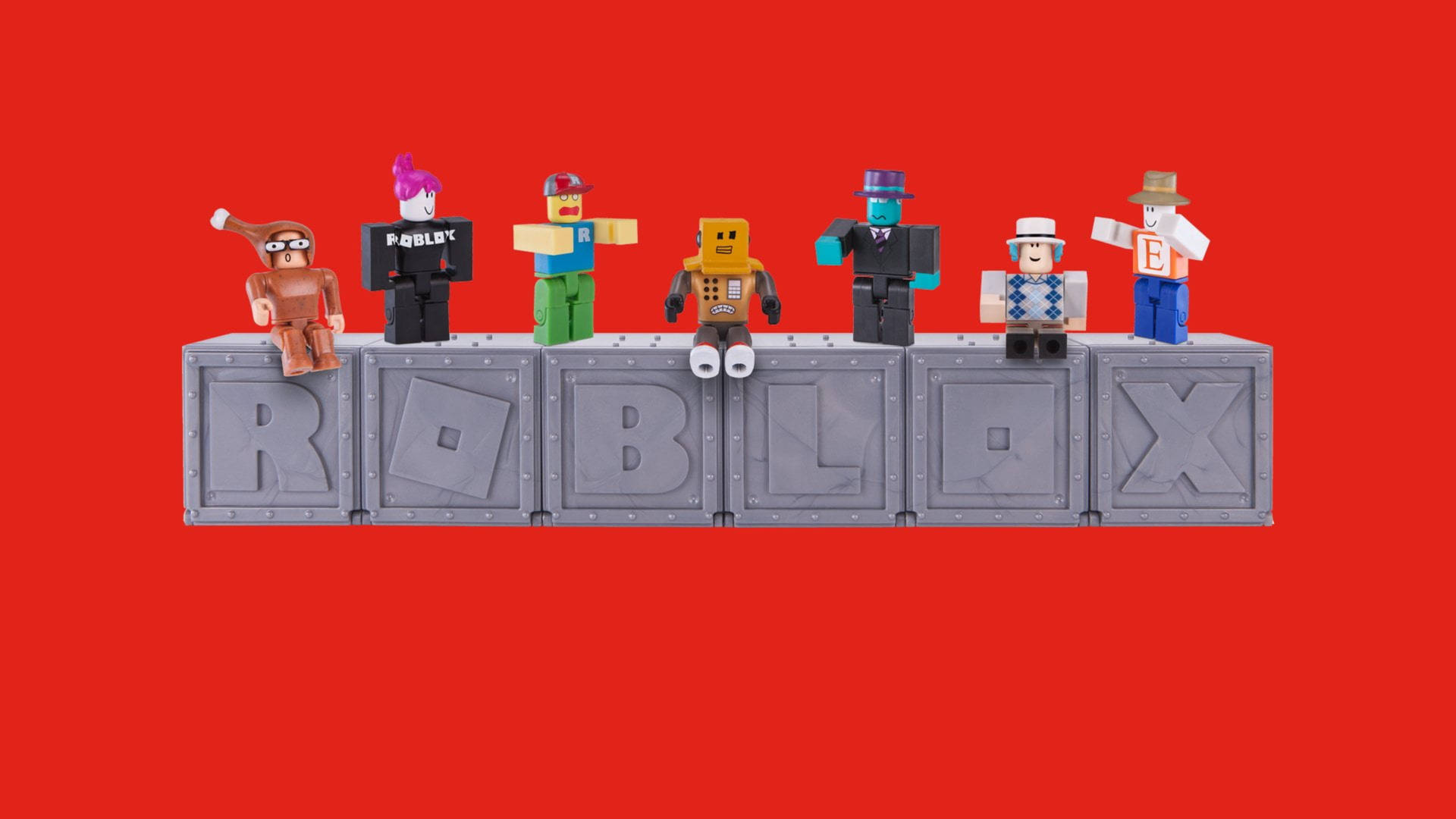 六個 Roblox 頭像在灰色方塊上擺姿勢，拼出 ROBLOX，背景為紅色。