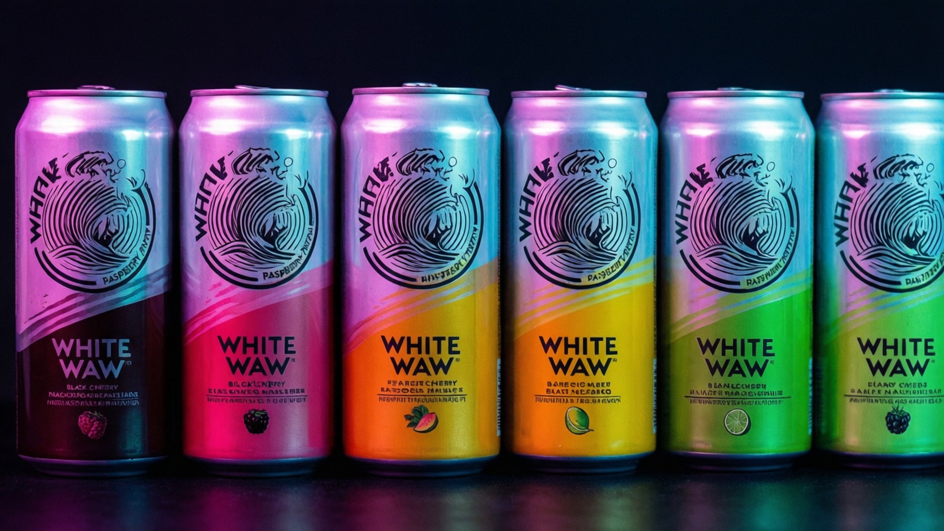 六個彩虹漸變色的White Waw飲料罐排列在深色表面上。