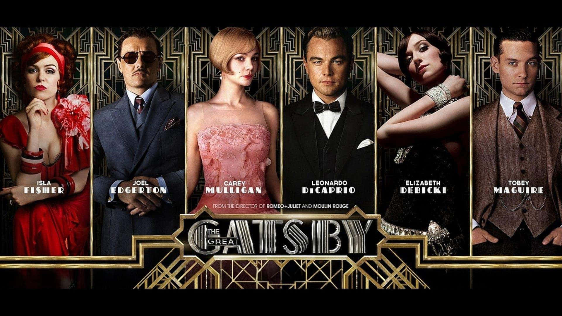  壁紙 — 六位1920年代華麗的演員，在幾何金色背景前，穿著華麗的裝飾藝術風格服裝，為《大亨小傳》電影海報擺姿勢。