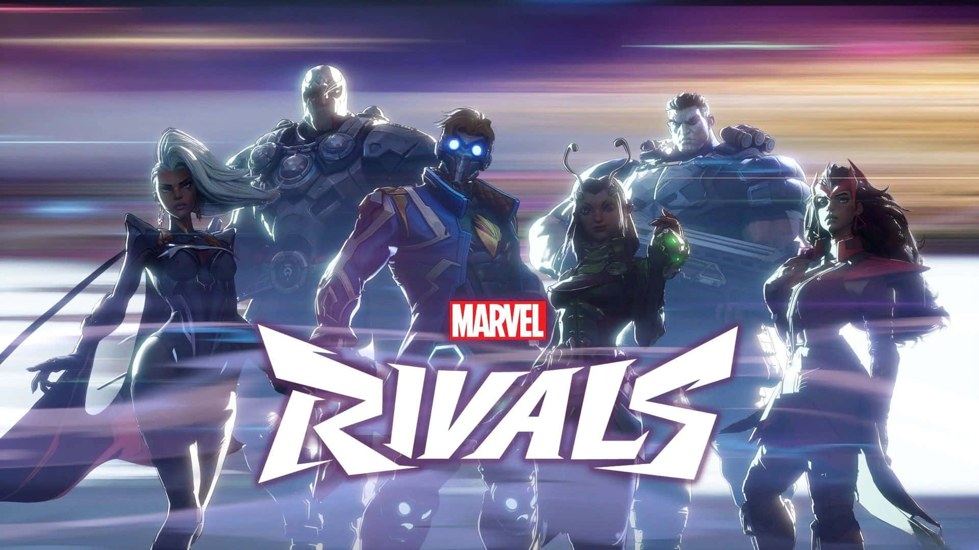  壁紙 — 六位Marvel超級英雄英勇地站在帶有條紋的紫色和橙色背景前，並帶有發光的標題文字。