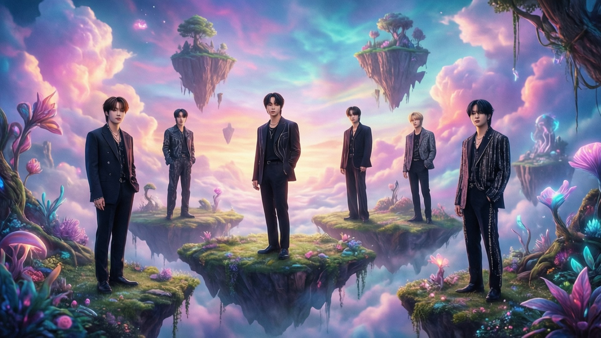 六個穿西裝的男人在浮島上，處於魔法般的天空，有發光雲彩和彩色植物。