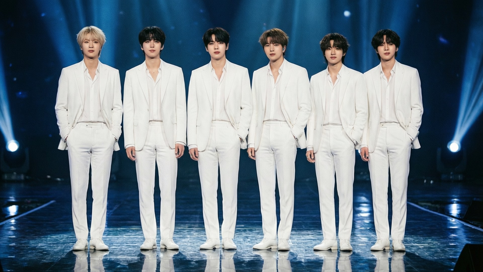 Bts Performance 桌布 壁紙 — 六名身穿筆挺白色西裝的男子，在戲劇性的藍色聚光燈下自信地站在閃亮的舞台上。