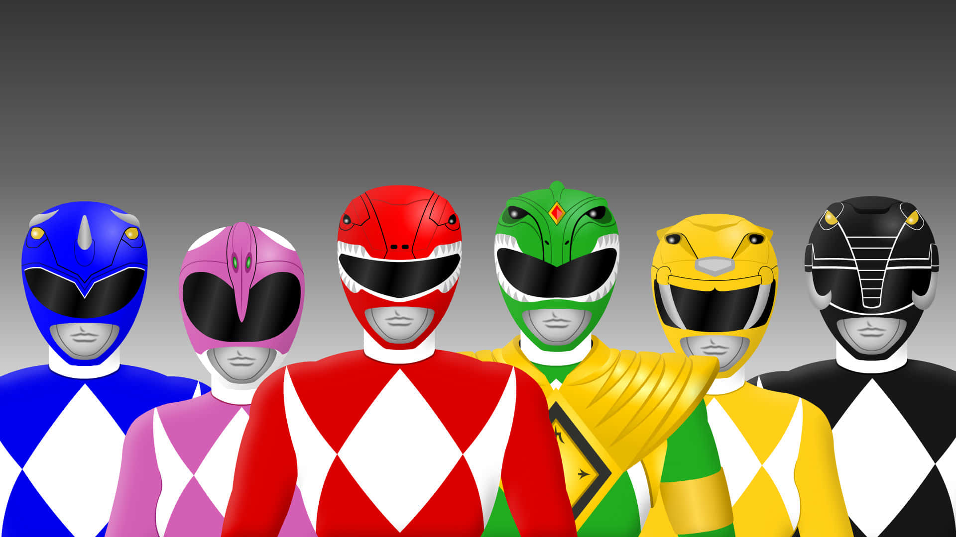 Green Ranger 桌布 壁紙 — 六位身穿全彩裝甲的Power Rangers並排站在漸變灰色背景前。