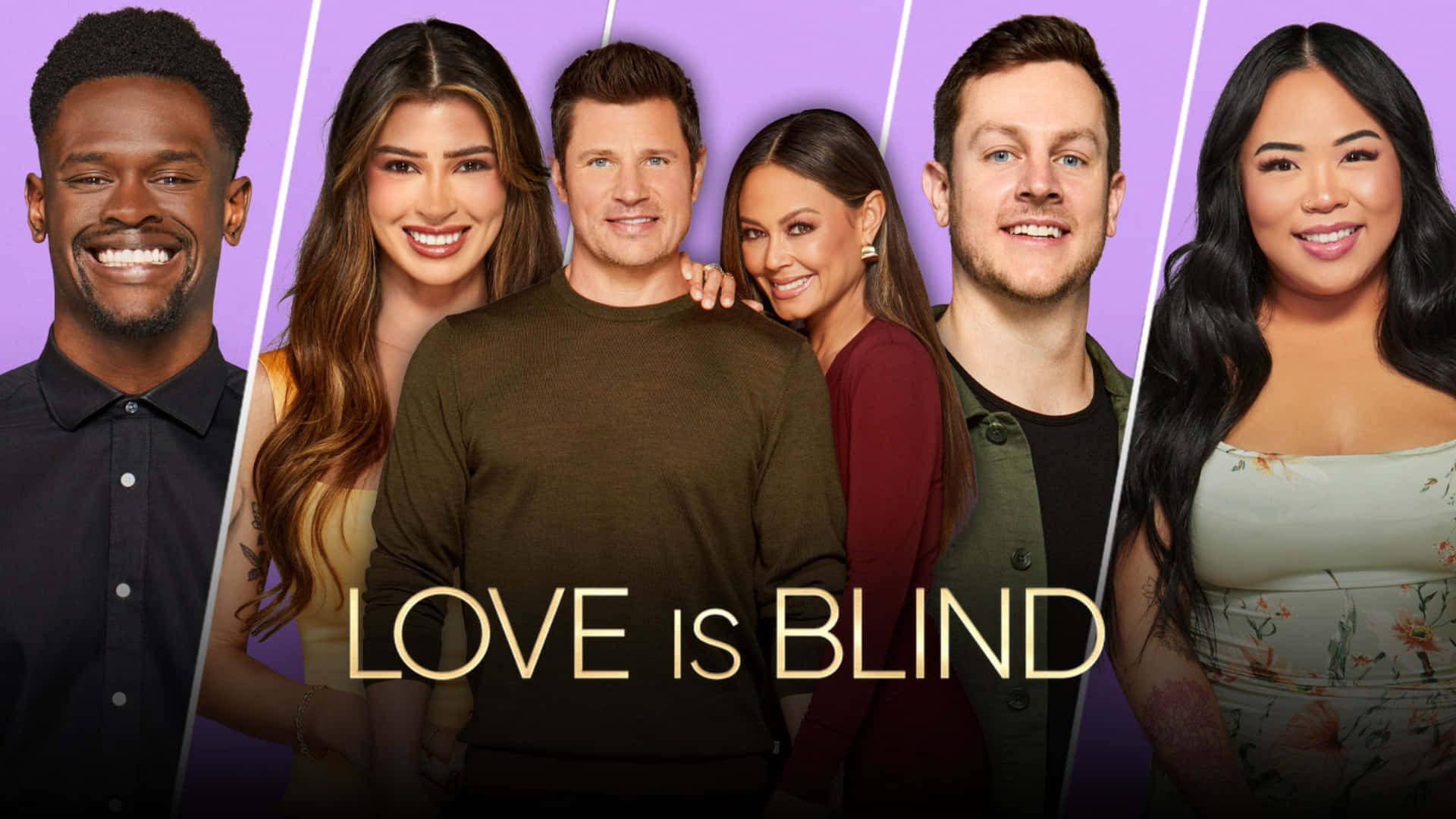  壁紙 — 六位微笑的《Love is Blind》演員站在充滿活力的紫色背景前，節目名稱以金色呈現。