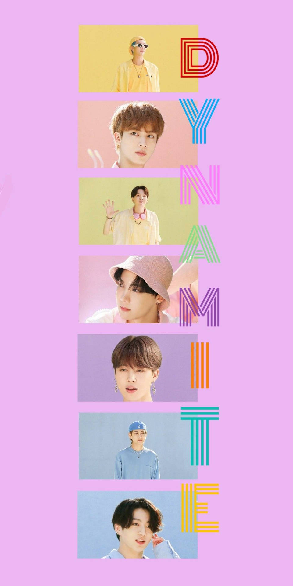六位K-pop偶像的垂直拼貼畫，背景色彩繽紛，並帶有風格化的字母「DYNAMITE」。