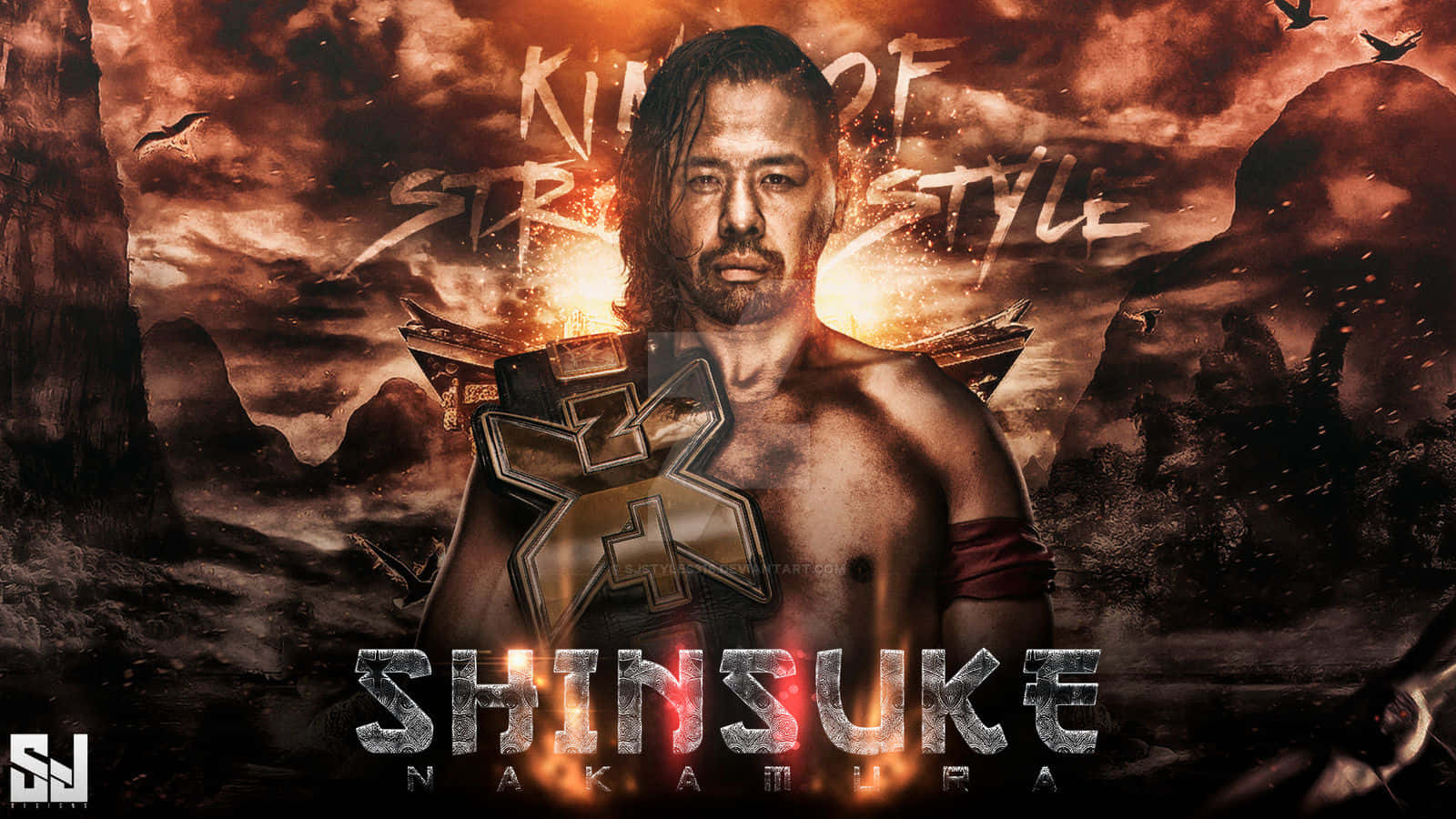 摔角手Shinsuke Nakamura在火熱的天空下舉著冠軍腰帶。