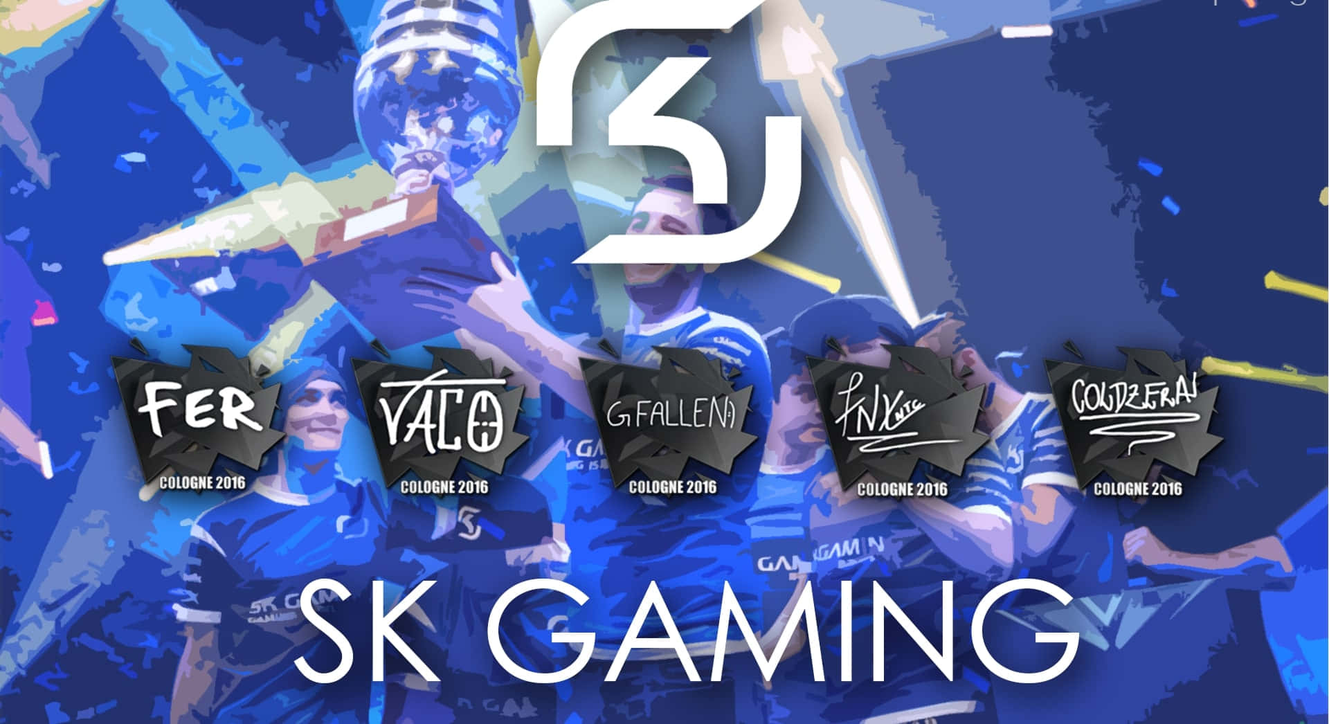 Sk Gaming 桌布 壁紙 — SK Gaming 電競隊伍在科隆2016年以獎盃和五彩紙屑在充滿活力的藍色數位藝術中慶祝勝利。