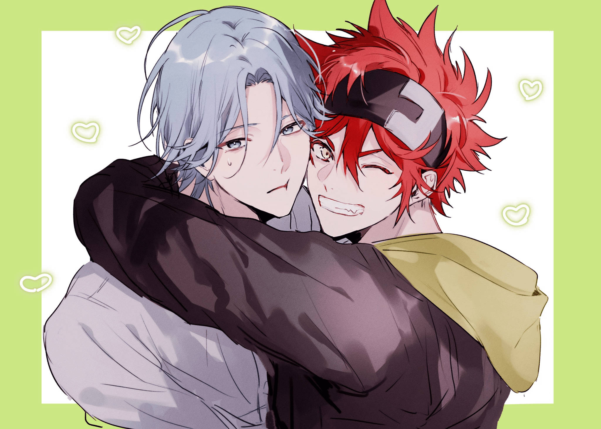 《Sk8 the Infinity》主角擁抱情侶風 壁紙 — 兩個動漫男孩溫暖地擁抱，一個有紅色刺蝟頭和護目鏡，另一個有銀色頭髮和臉頰上的淚水，周圍環繞著心形輪廓。