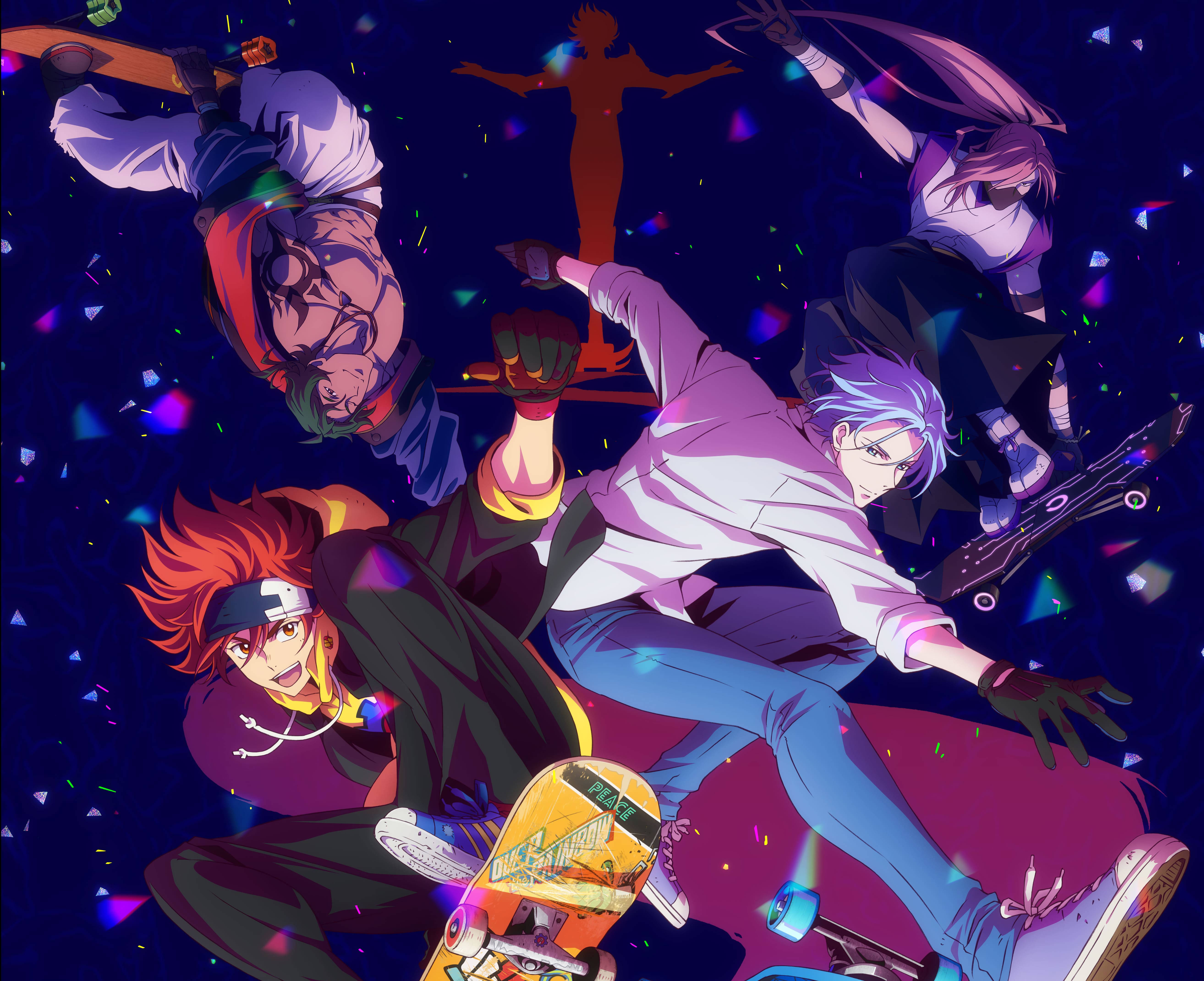 《Sk8 the Infinity》關鍵角色滑板造型 壁紙 — 四個動漫滑板手在充滿發光紙屑和霓虹燈的宇宙夜空中翱翔。