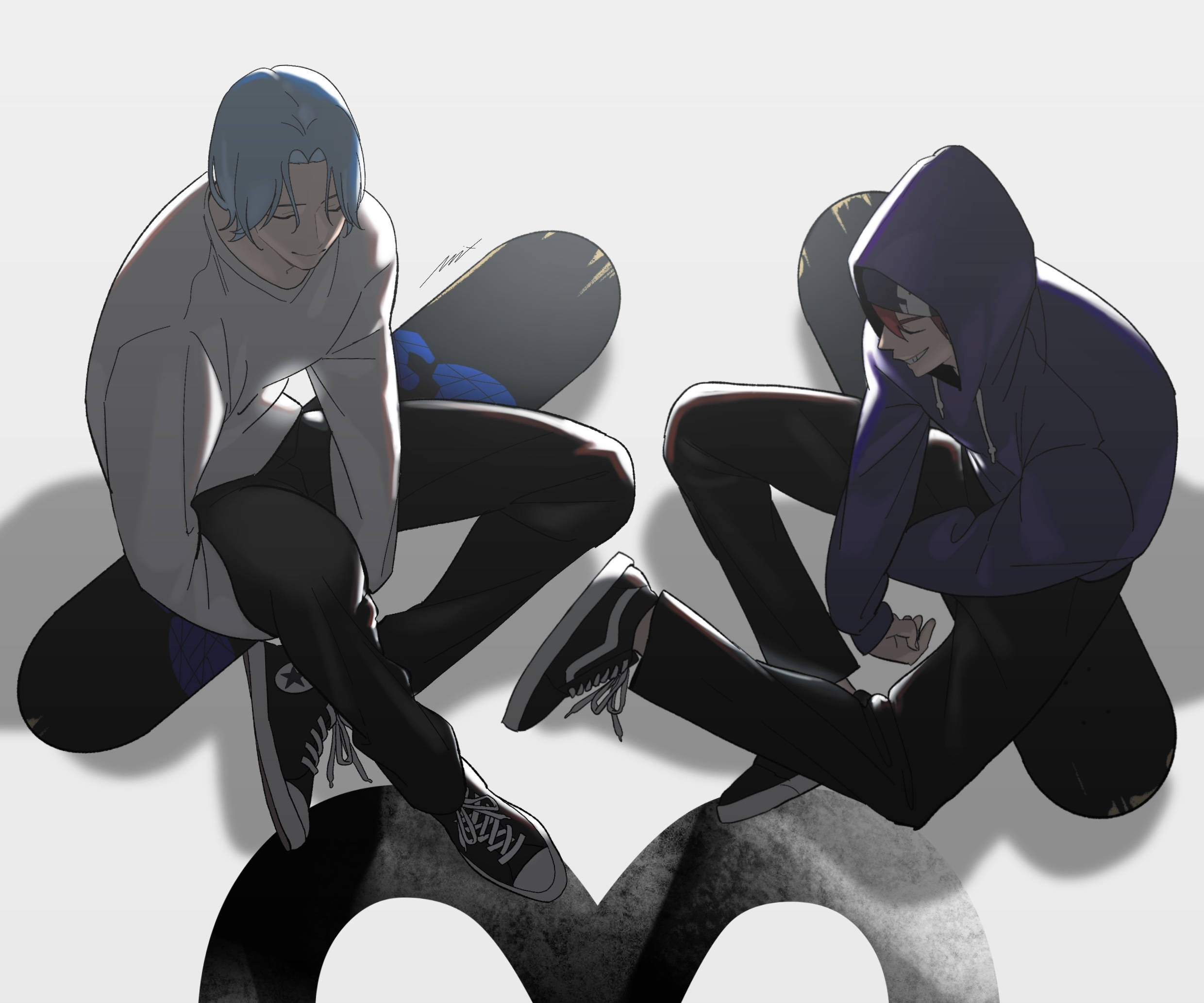 《Sk8 the Infinity》暗黑渲染風格 壁紙 — 兩個動漫風格的滑板手盤腿坐在他們的滑板上，背景是純色，一個穿著灰色連帽衫，另一個穿著深紫色連帽衫。