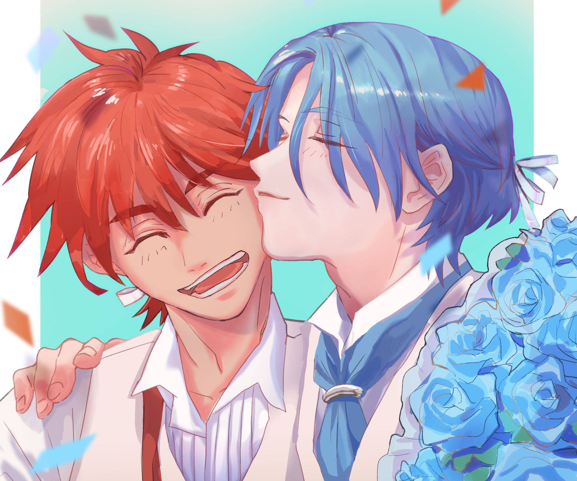《Sk8 the Infinity》雷基與蘭加可愛插畫 壁紙 — 一個藍髮動漫男孩親吻一個紅髮男孩的臉頰，藍色玫瑰和五彩紙屑在他們周圍飄浮。