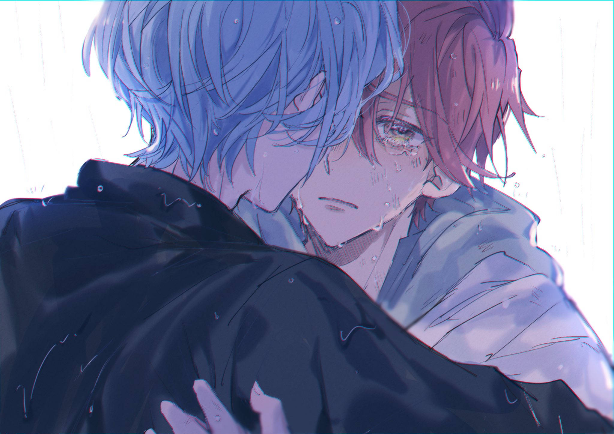 Sk8 The Infinity 瑞希與龍雨中 壁紙 — 兩個動畫男孩在暴雨中擁抱，一個藍髮，一個粉紅髮，兩人都渾身濕透，情緒激動。