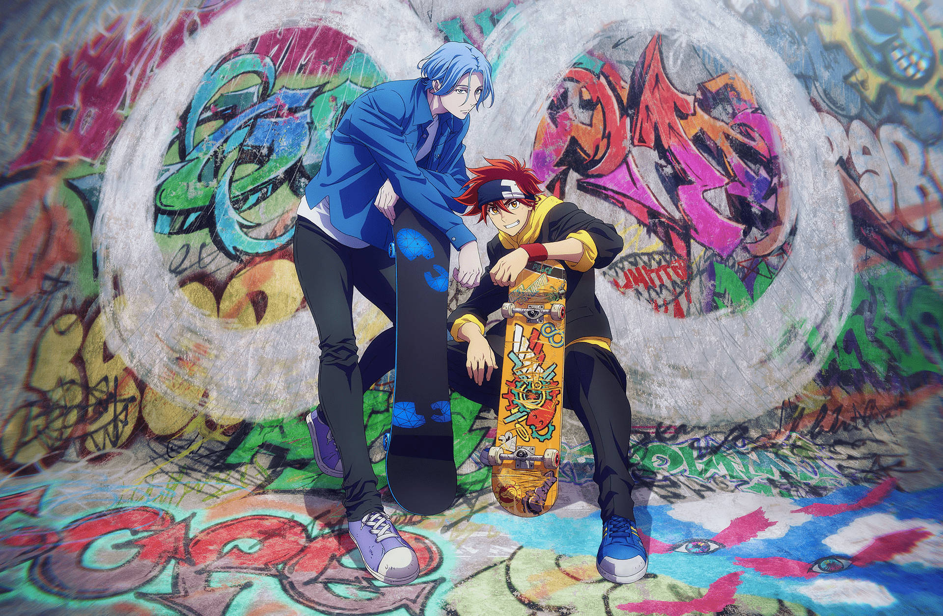 《Sk8 the Infinity》雷基與蘭加塗鴉風 壁紙 — 兩個動畫男孩帶著滑板在充滿活力的塗鴉牆前自信地擺姿勢。