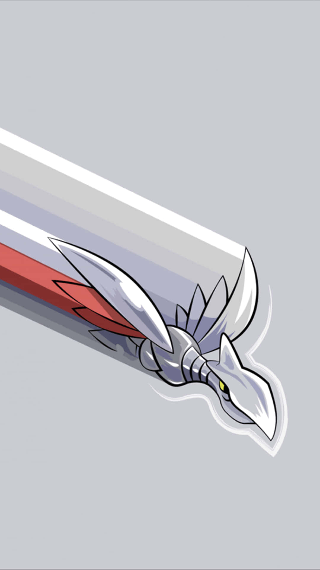 可愛 Skarmory 繪畫 壁紙 — 一把時尚的銀色劍，帶有紅色點綴和龍頭劍柄，在純灰色背景上發光。