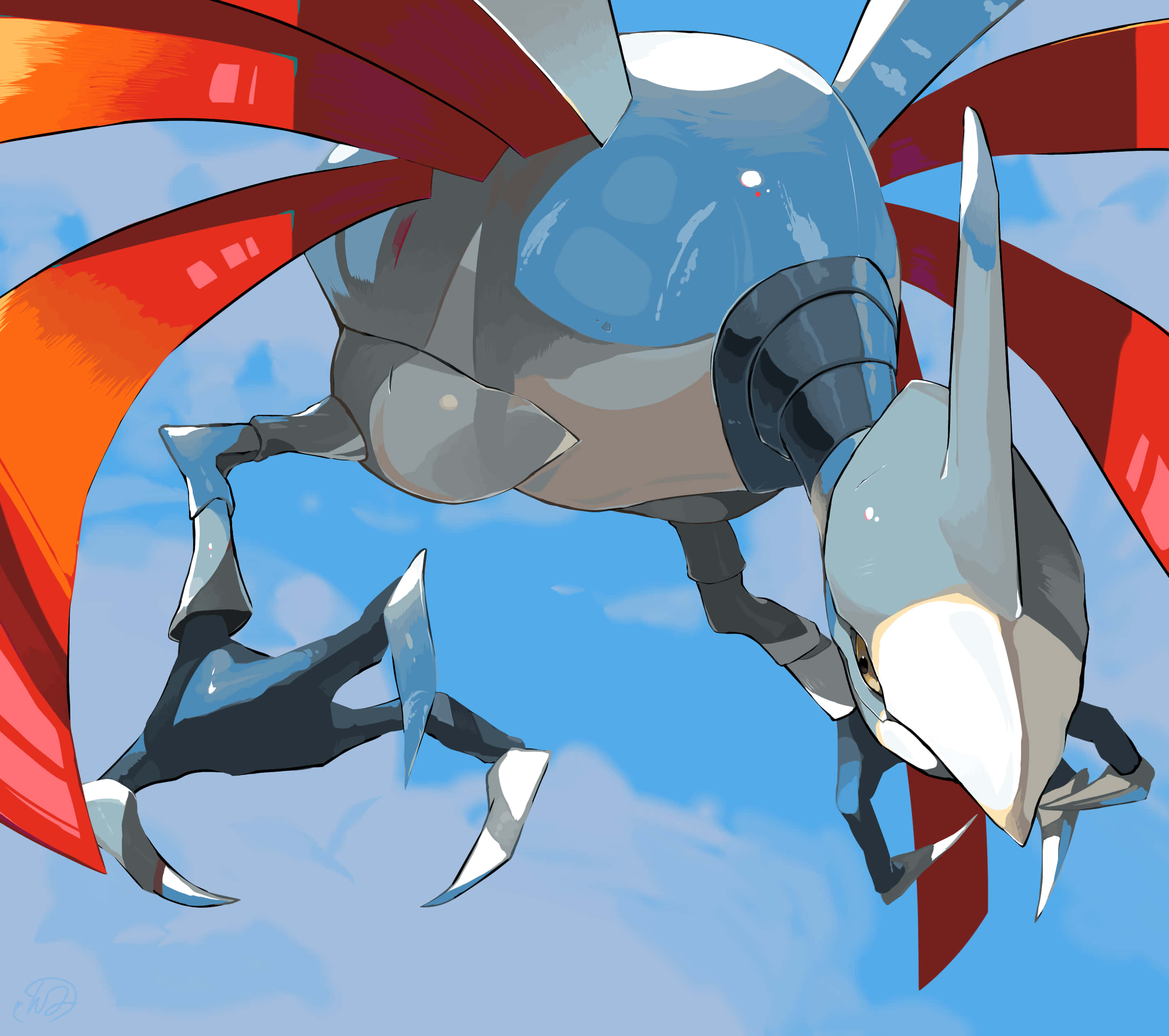 Skarmory 特寫 壁紙 — 一隻光滑的金屬昆蟲狀生物，帶有紅橙色翅膀，在明亮的藍天中動態翱翔。