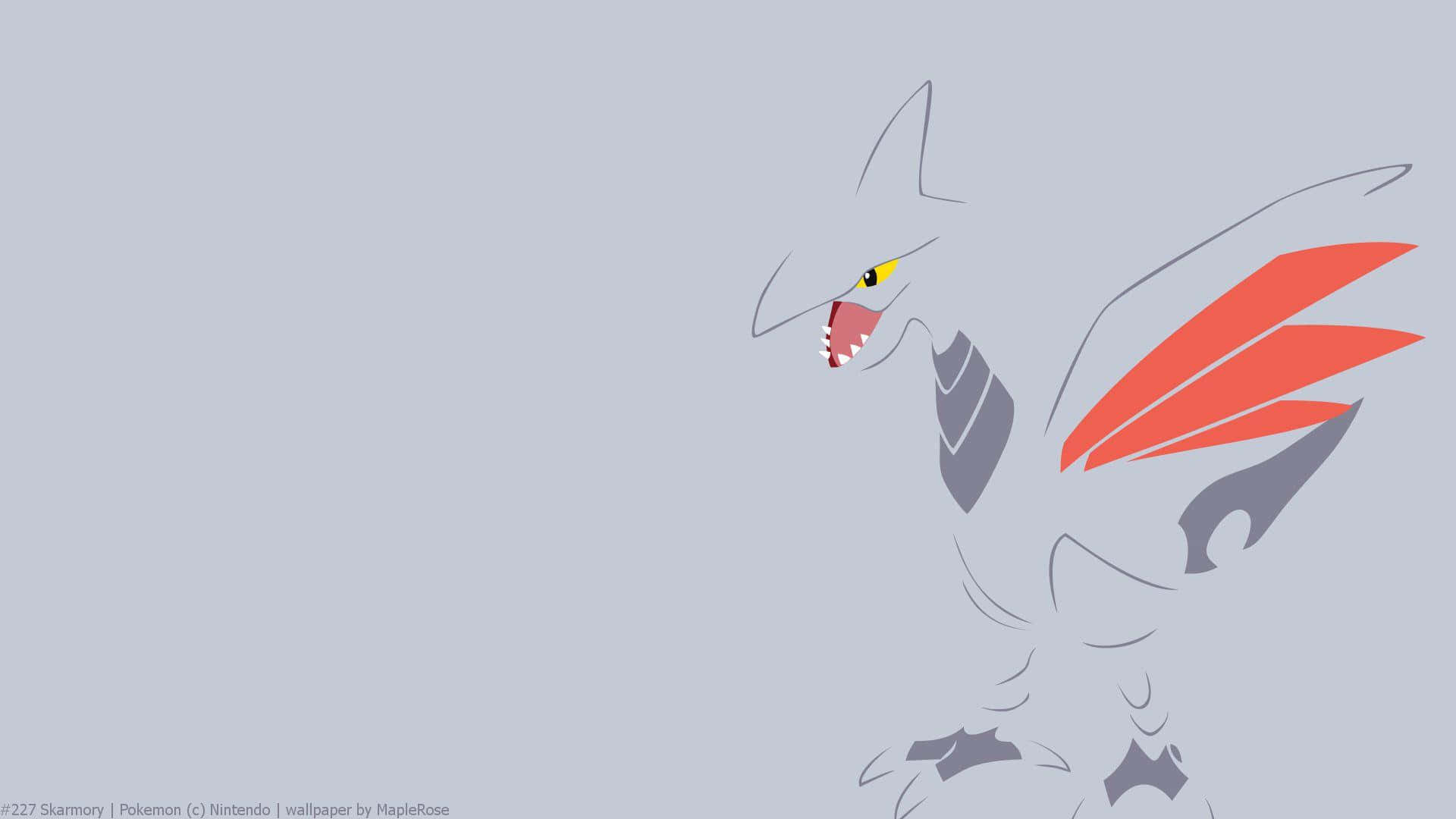 Skarmory 編輯藝術 壁紙 — 一隻光滑的銀色龍系寶可夢，擁有紅色翼膜和黃色眼睛，對著純灰色背景咆哮。