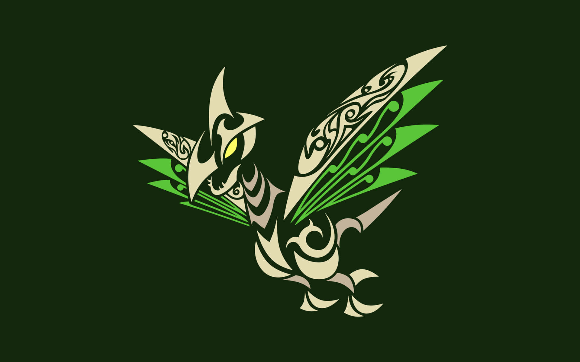 部落龍，綠色翅膀，發光眼睛，深綠色背景