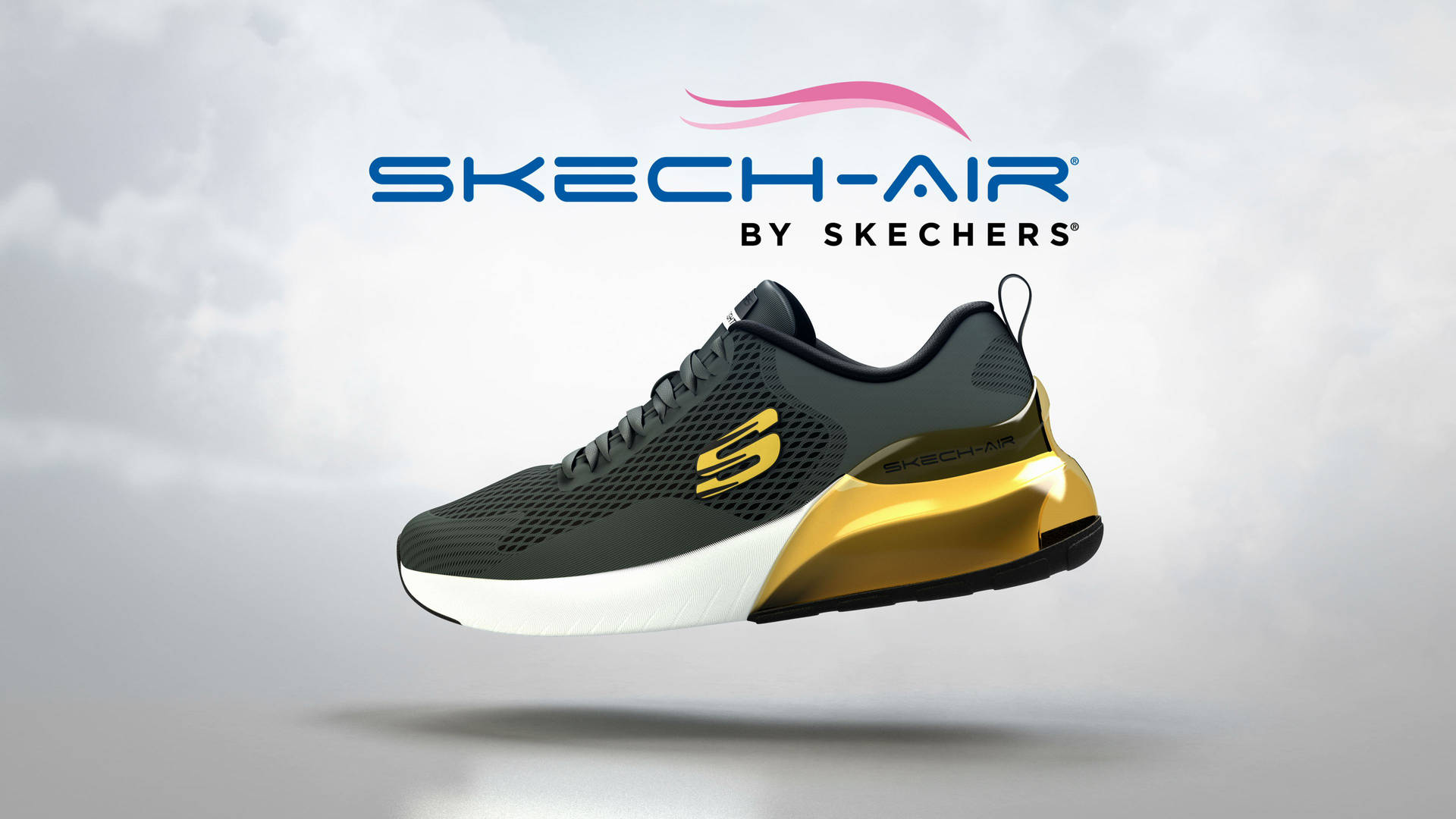 Skech-Air運動鞋漂浮，品牌標誌在雲層天空背景上。