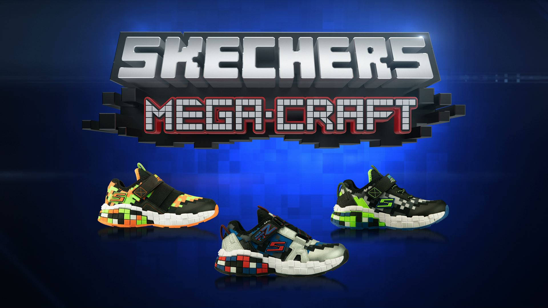 三雙像素風格嘅Skechers Mega-Craft運動鞋喺藍色背景上展示，帶有發光標誌。