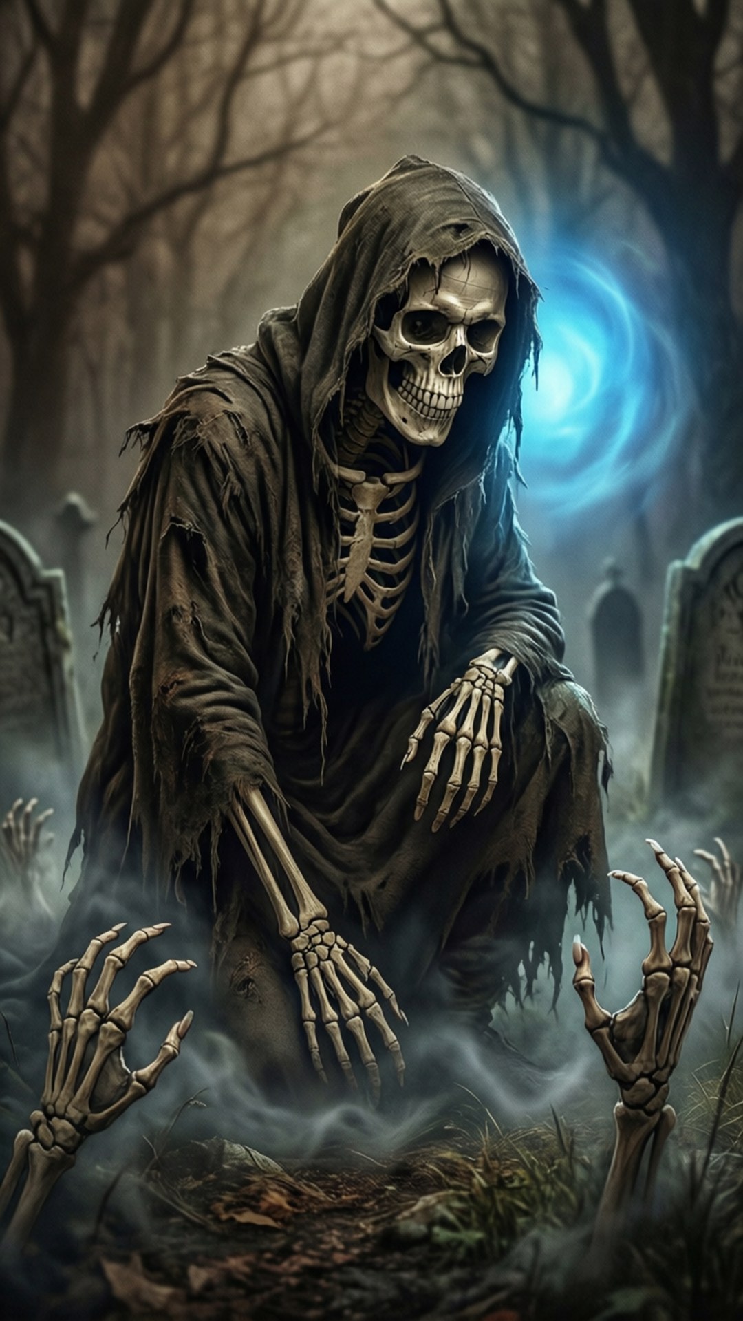 Boneworks 桌布 壁紙 — 一個身穿破爛長袍的骷髏死神跪在霧氣瀰漫的墓地中，鬼手從地面升起，下方是一個發光的藍色傳送門。