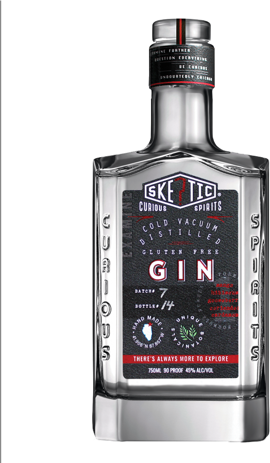 Skeptic 金酒瓶（冷真空蒸餾） 壁紙 — 一瓶時尚的銀色Skeptic Gin，帶有醒目的黑色和紅色標籤細節，孤立地立在純白色背景上。