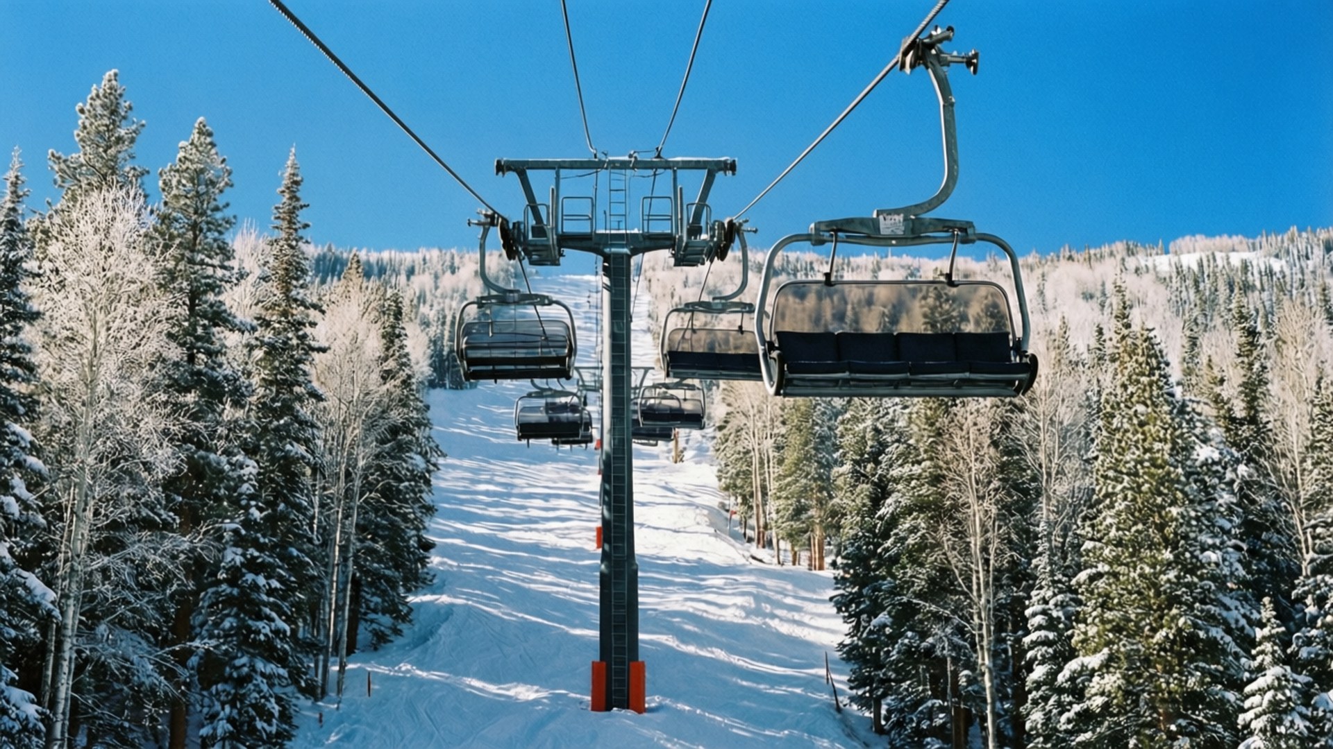 滑雪纜車在晴朗的藍天下穿過常綠樹林登上雪山