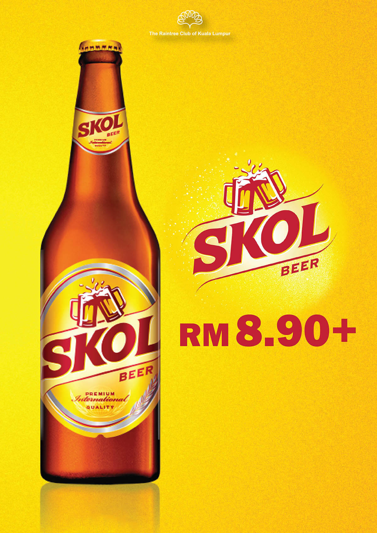 Skol啤酒瓶廣告，附價格和標誌，黃色背景