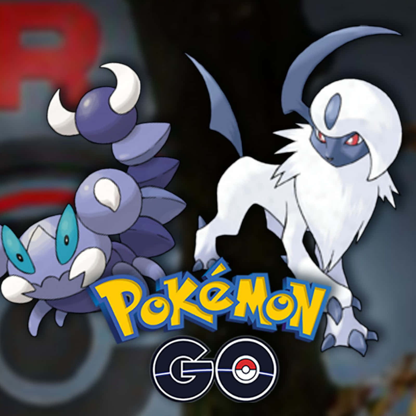 Skorupi 與 Absol 寶可夢 GO 壁紙 — 來自 Pokémon GO 的兩個寶可夢角色在深色背景上突出顯示，下方有遊戲標誌。