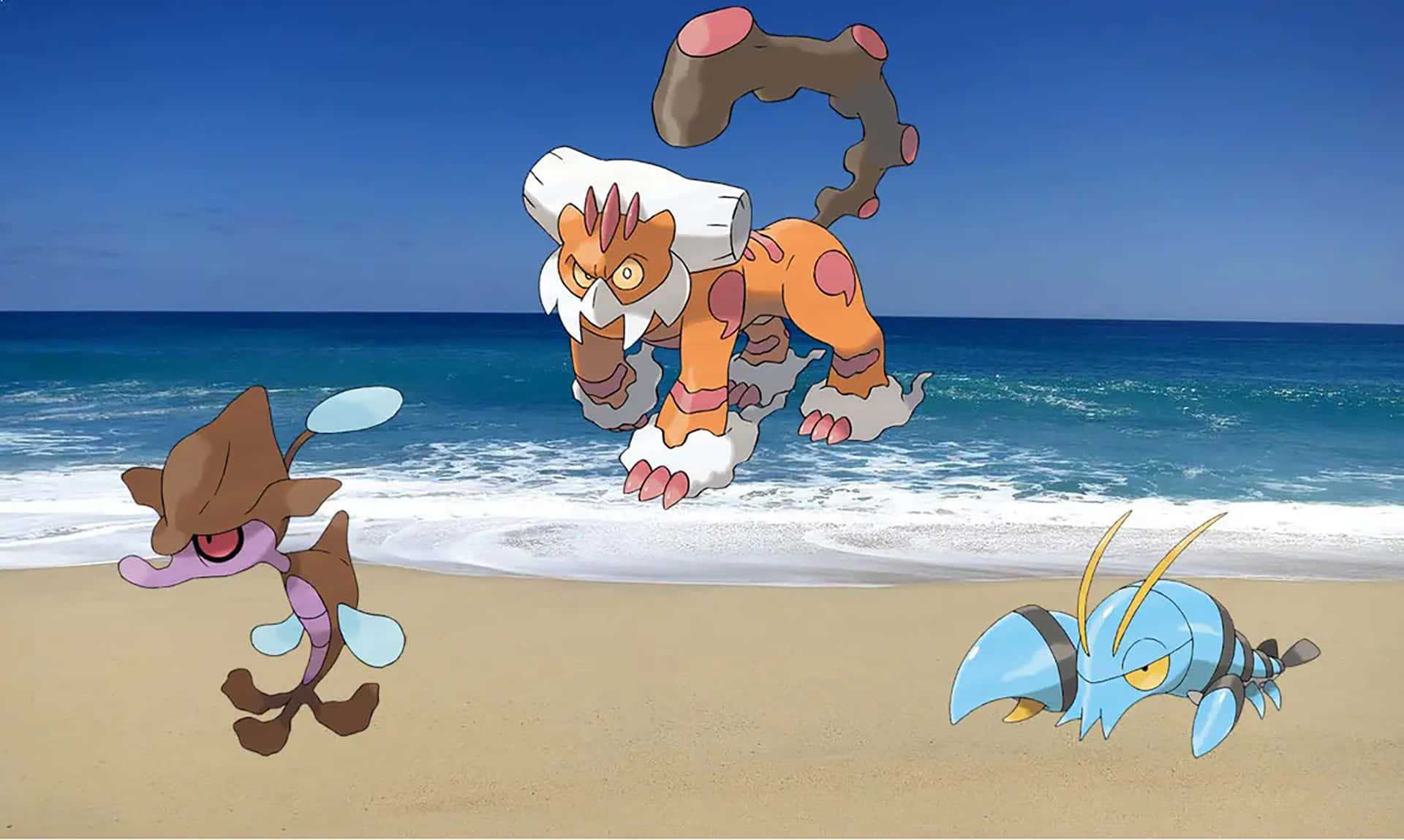 沙灘上的三隻寶可夢，伴隨著海浪和藍天。