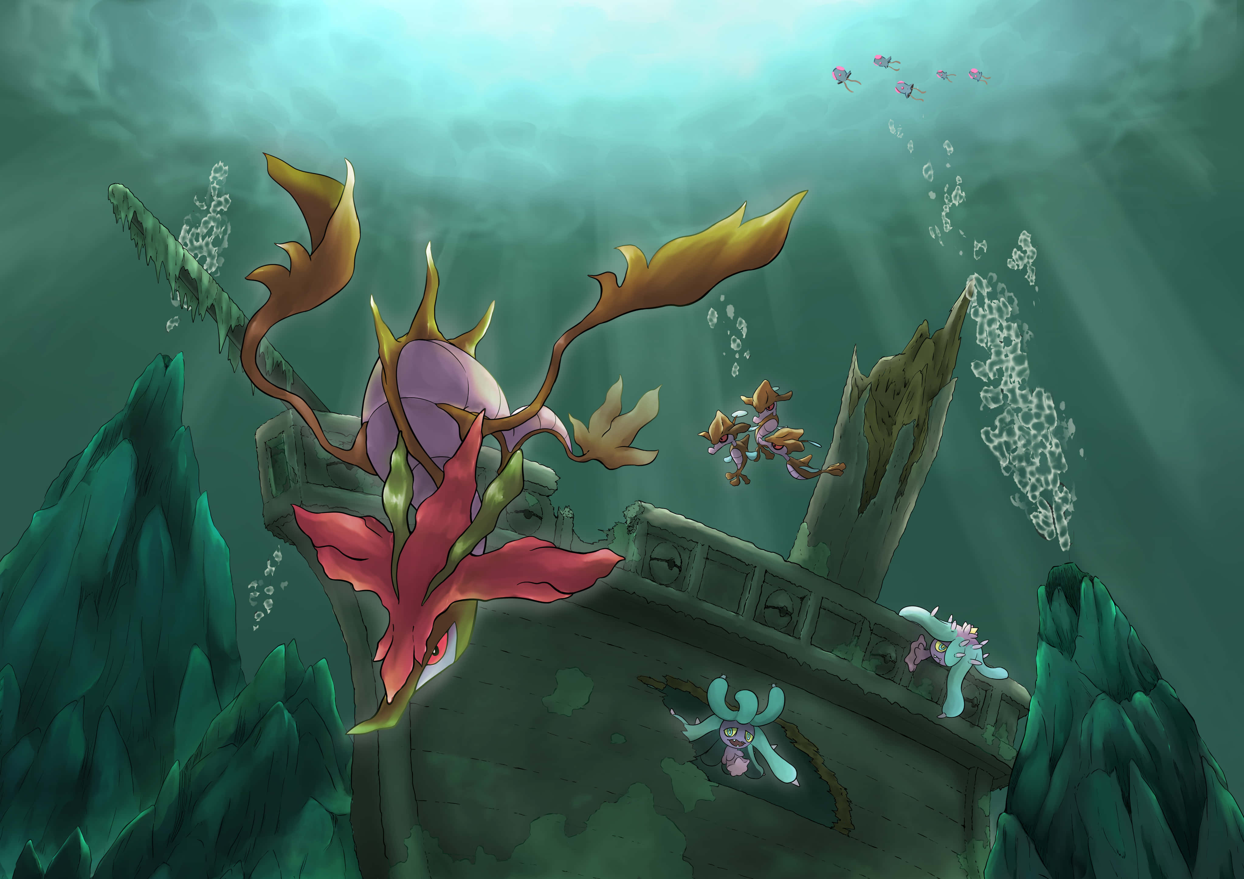 Skrelp 與 Dragalge 探索沉船 壁紙 — 水下遺跡散發著生物發光植物的光芒，色彩繽紛的寶可夢探索著古老的石頭建築。