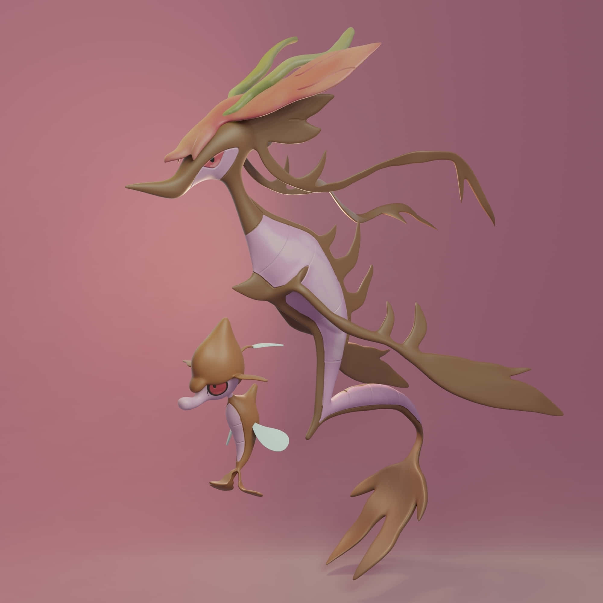 Skrelp 與 Dragalge 的 3D 美學畫面 壁紙 — 兩個風格化的寵物小精靈角色在柔和的粉紅色漸變背景上優雅地漂浮。