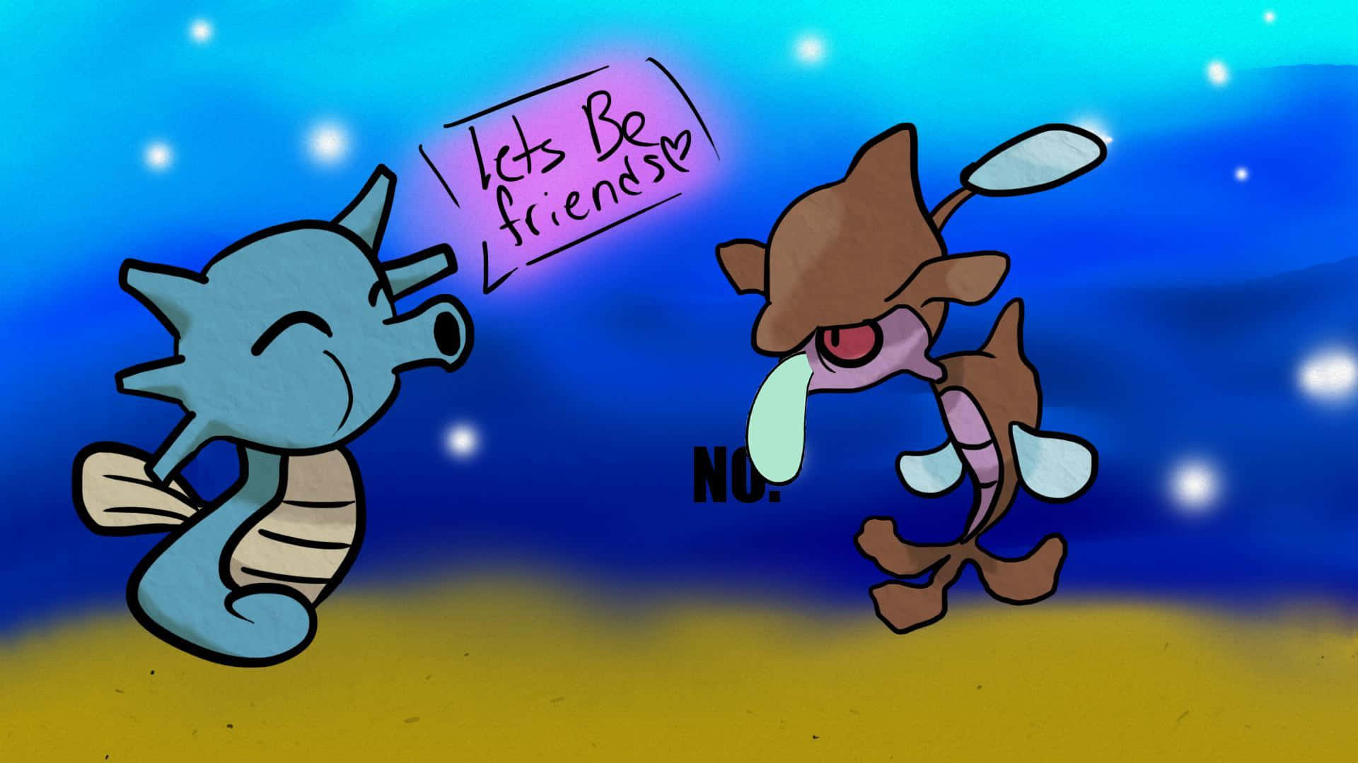 Skrelp 身穿 Squidward 造型 壁紙 — 藍色海馬向棕色寶可夢提出友誼，但寶可夢在星空海底場景中堅決拒絕說「不」。
