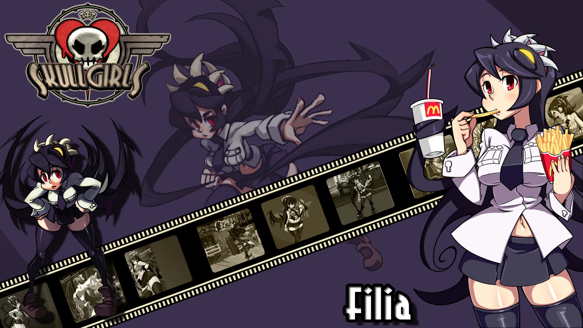 來自《Skullgirls》的動畫女孩Filia正在吃薯條和喝汽水，並有一條膠片條展示她的戰鬥場景。
