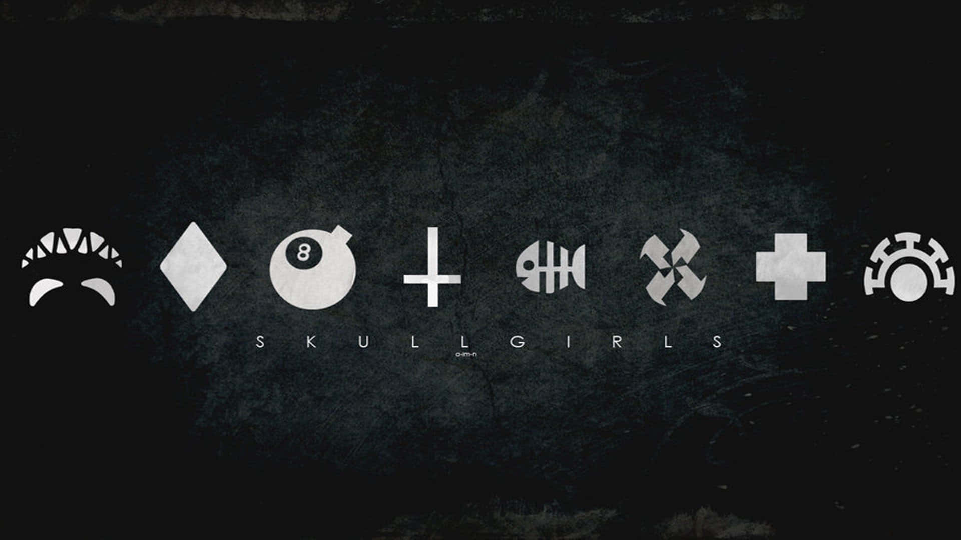 Skullgirls 角色圖標插畫 壁紙 — 七個白色風格化符號漂浮在深色紋理背景上，下方有 Skullgirls 標題。