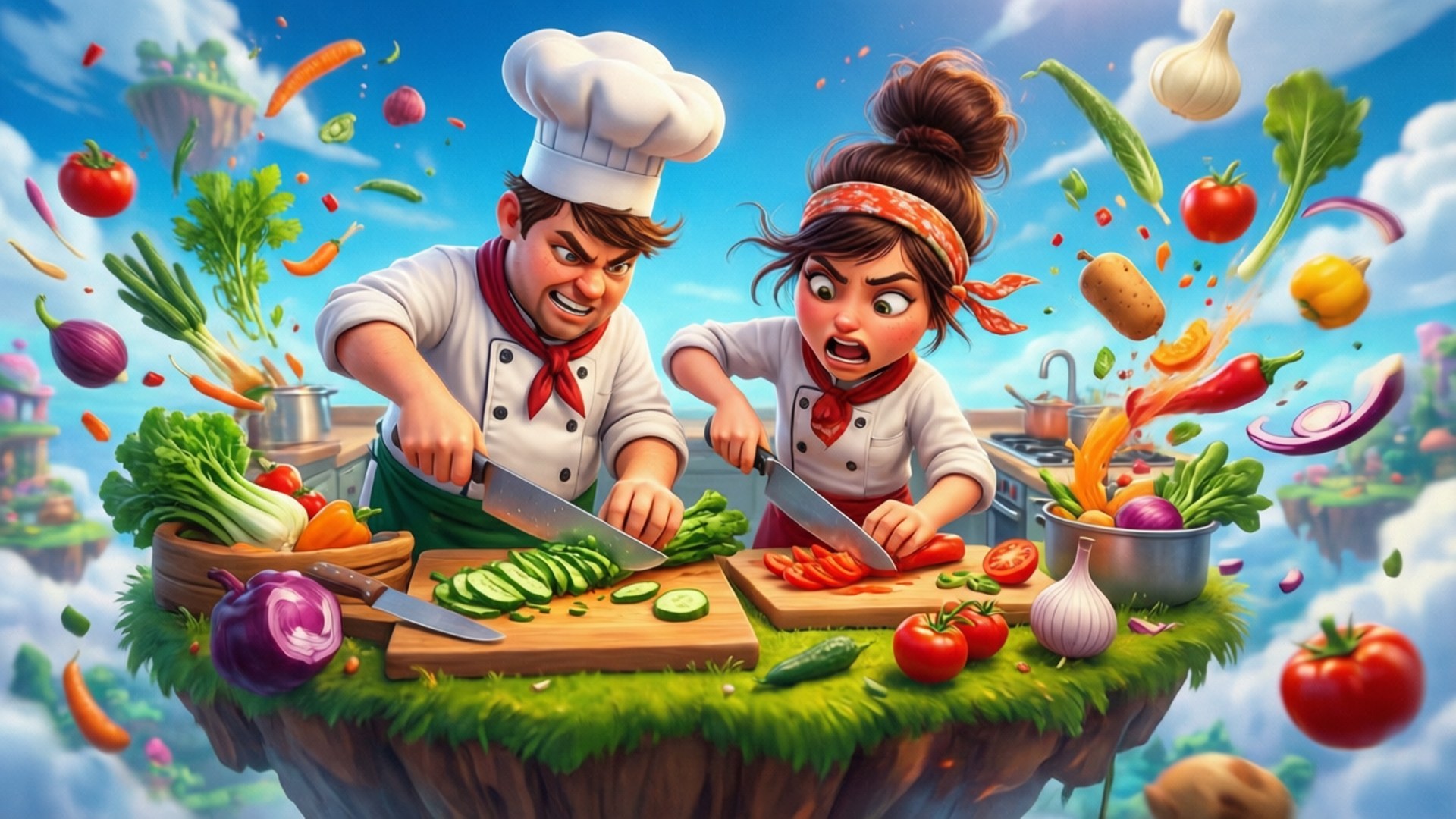 Sky Kitchen Chop 壁紙 — 兩位戴著廚師帽的廚師在一個漂浮島嶼廚房上切蔬菜，周圍有飛翔的農產品，背景是明亮的藍天。
