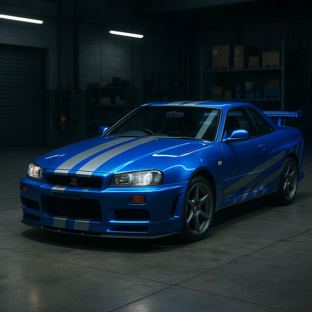 日產Skyline GT-R R34 壁紙 — 一輛光澤藍色日產Skyline R34帶有銀色賽車條紋，在昏暗的工業車庫中螢光燈下蓄勢待發。
