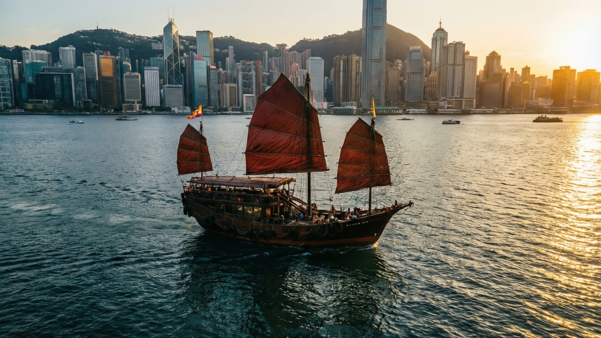 維多利亞港上一葉槳帆船悠然漂浮，城市天際線倒影與金色夕陽交相輝映的空中俯瞰景觀。