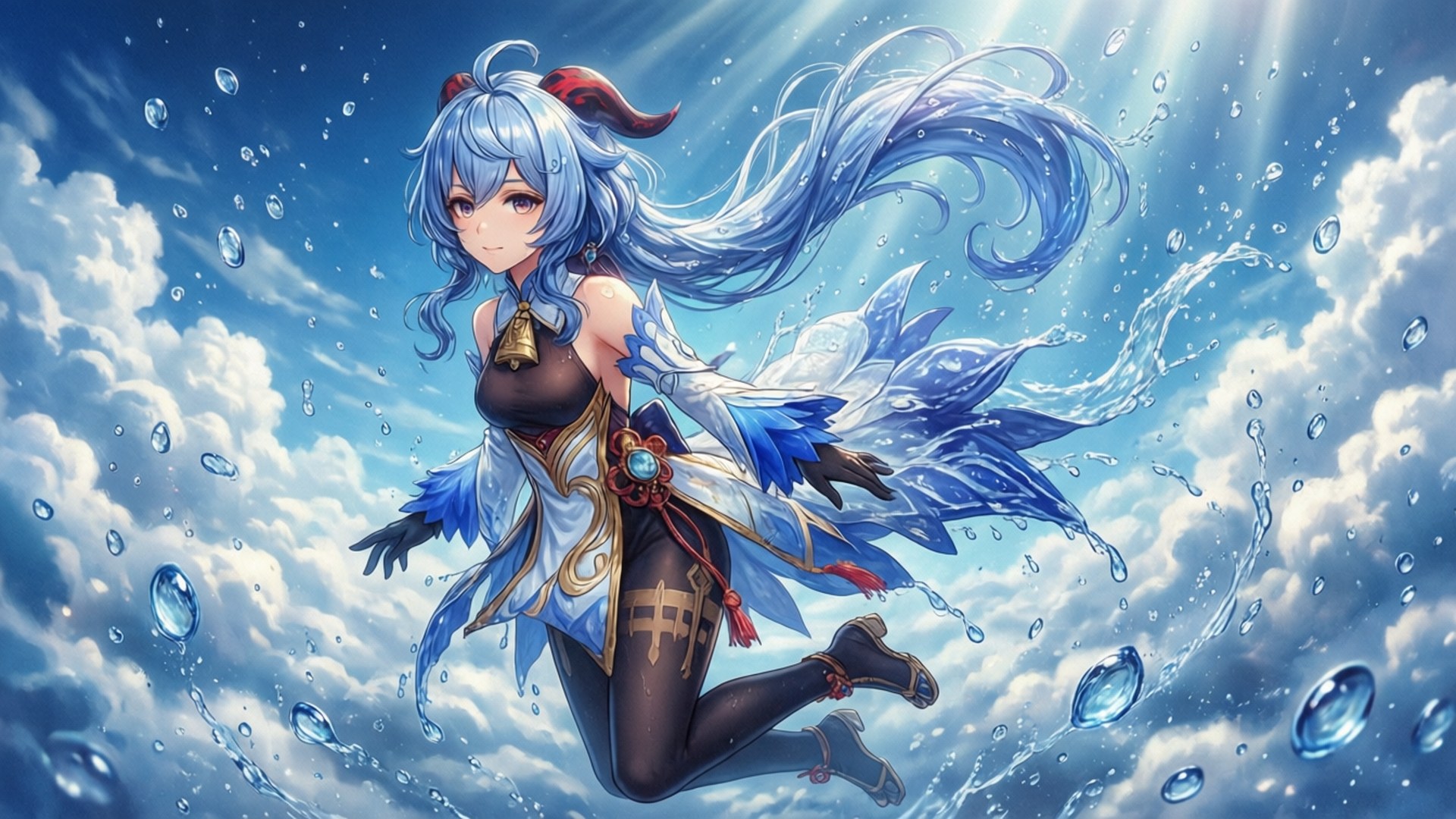 藍髮動漫女孩，帶著水之翼，在陽光明媚的天空中飛翔，周圍有雲朵和水滴。