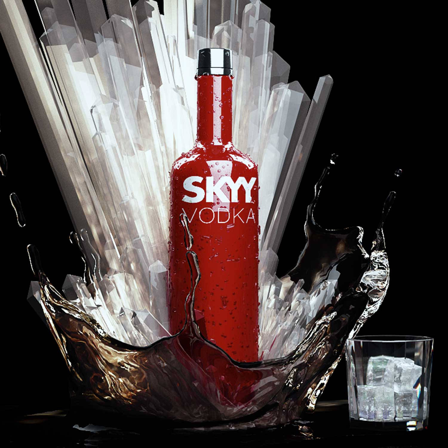 紅色Skyy伏特加攝影 壁紙 — 一個鮮紅色的Skyy Vodka酒瓶從黑色背景上的水花和冰塊中噴湧而出。