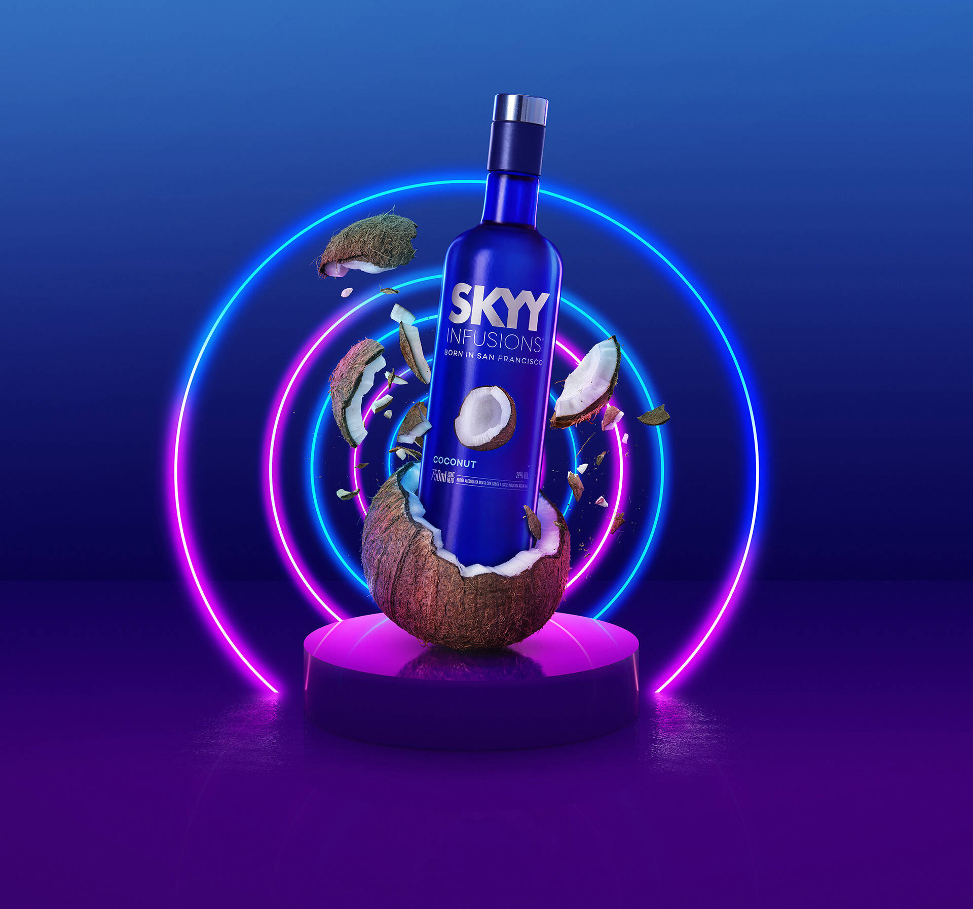 藍色Skyy Infusions Coconut伏特加酒樽被霓虹燈同椰子碎包圍。
