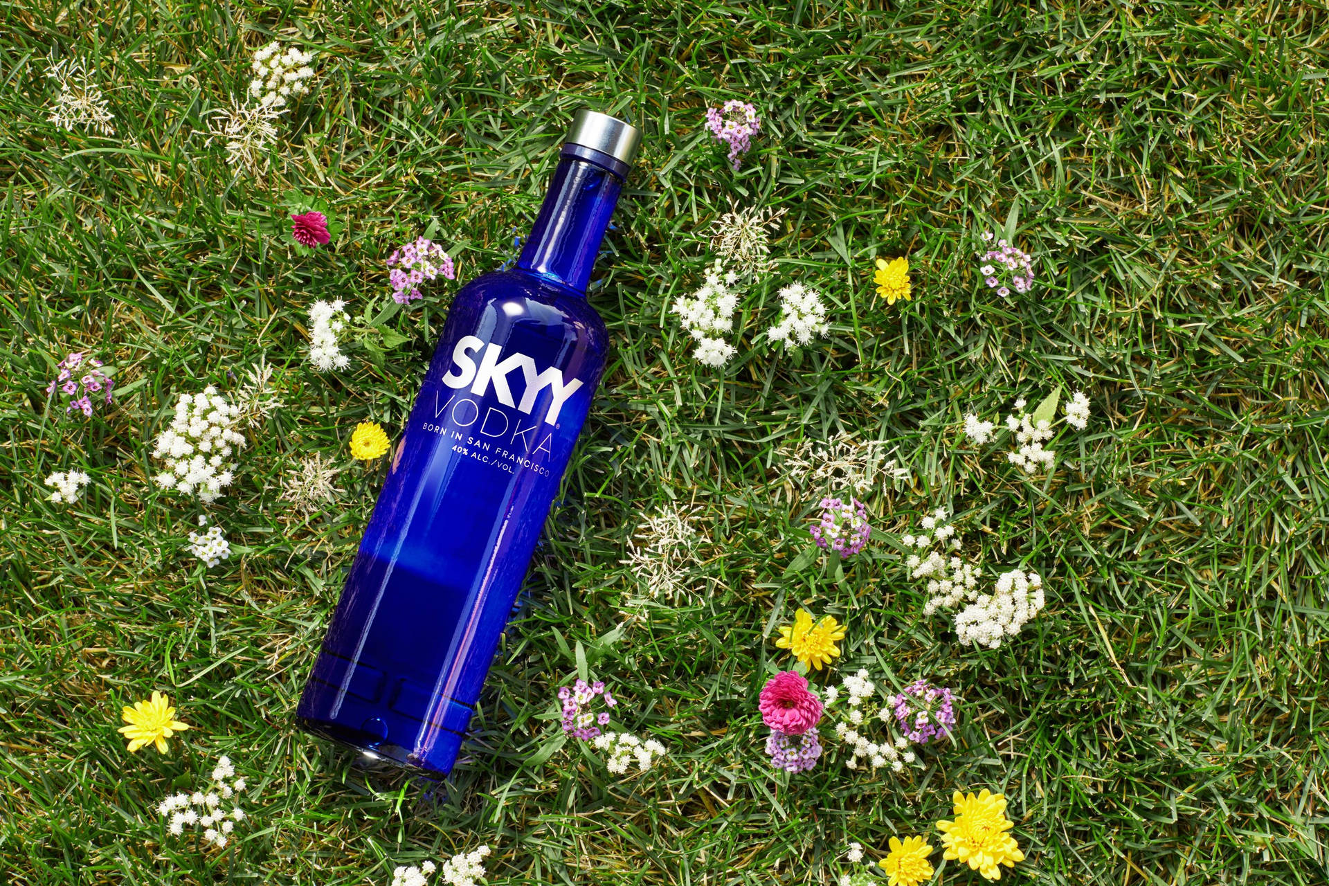 藍色Skyy伏特加酒瓶被草地上的野花環繞。