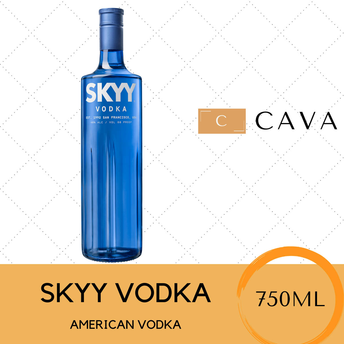 藍色SKYY伏特加酒瓶，帶有750ml標籤和CAVA品牌標誌，背景為白色。