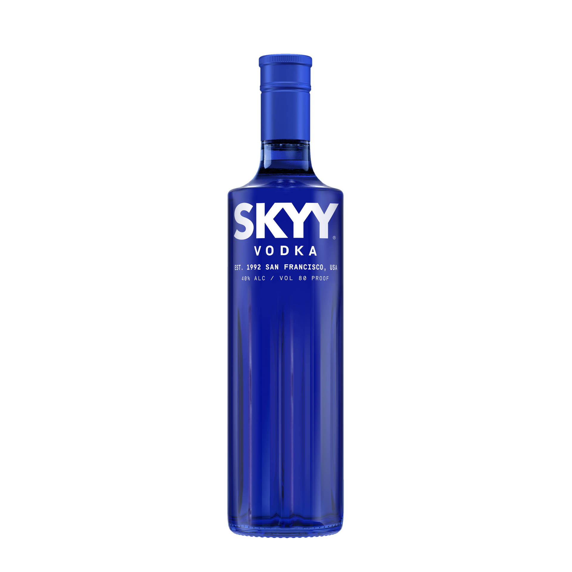 一個藍色Skyy伏特加酒瓶，白色文字在白色背景上。