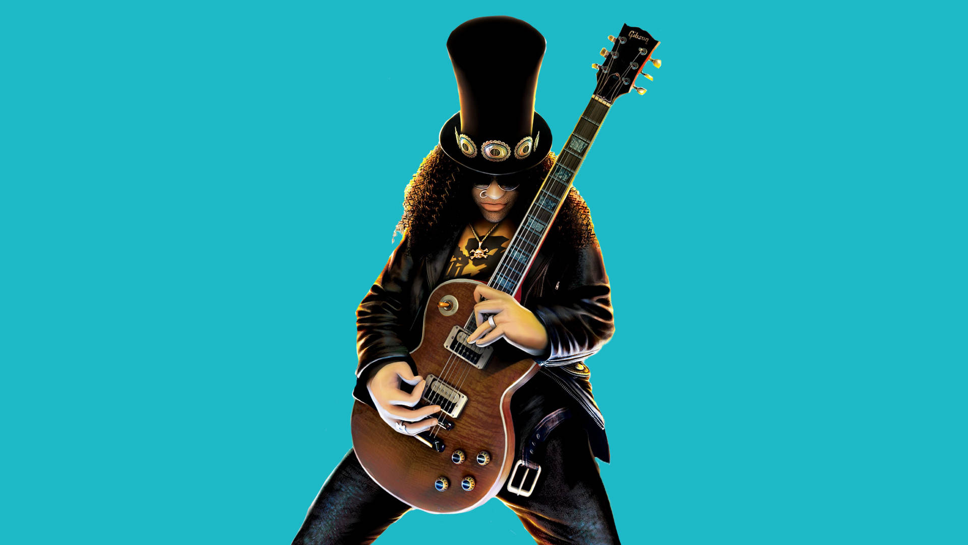 吉他英雄：Slash 藍色背景 壁紙 — 一位戴黑色高帽、穿皮衣的搖滾結他手，在純青色背景前彈奏棕色電結他。