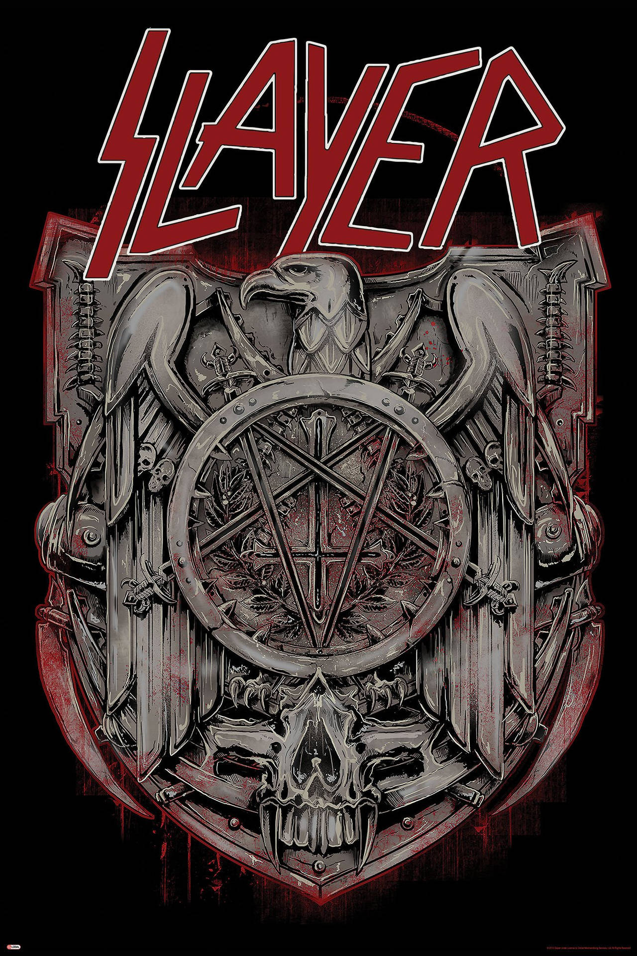 Slayer 樂隊標誌，以金屬紅和灰色設計呈現骷髏、鷹和五角星。
