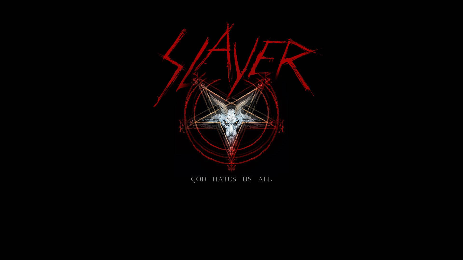 Slayer 樂隊標誌，帶有山羊頭骨和文字 God hates us all，黑色背景
