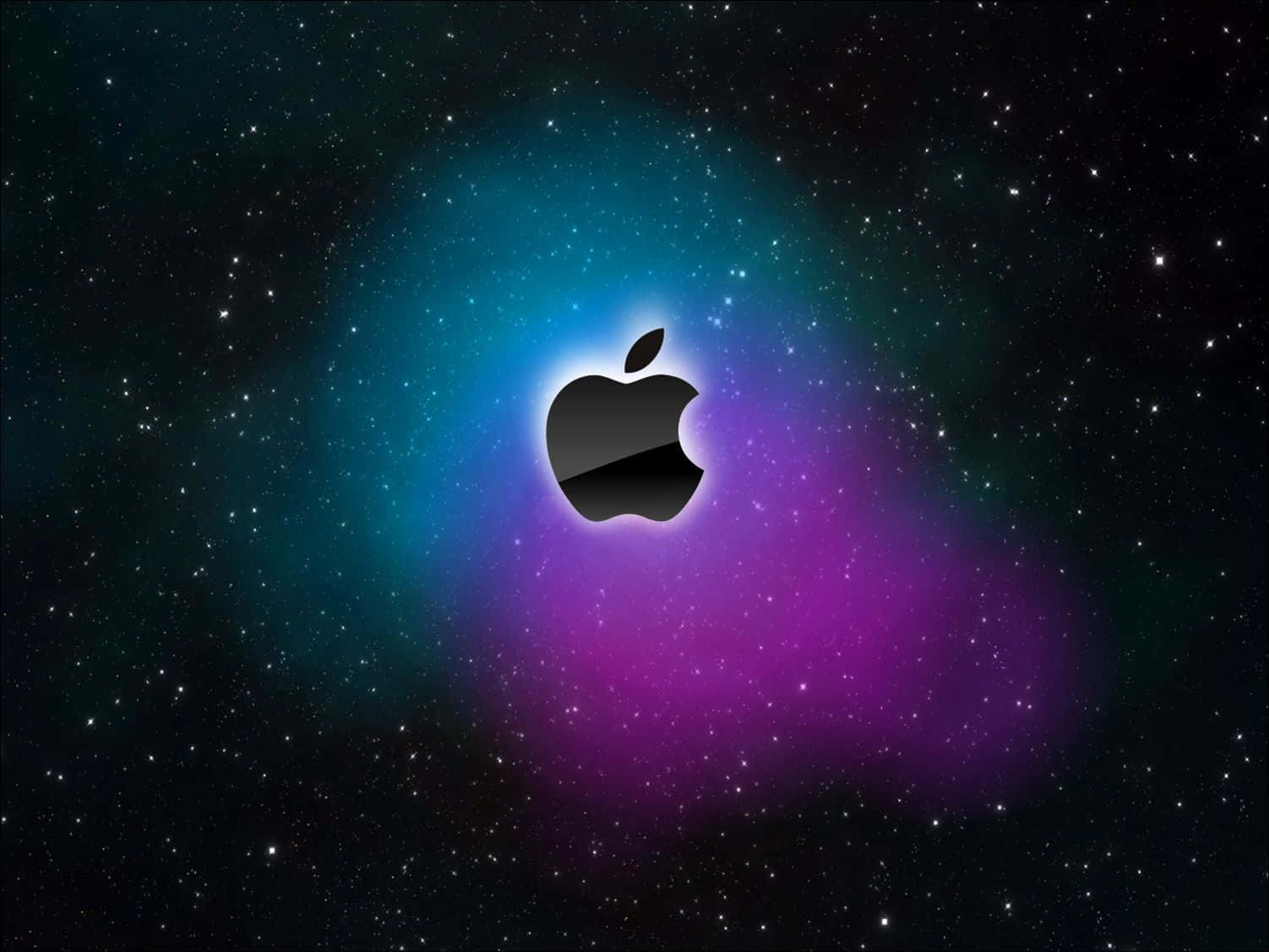 Apple標誌漂浮在帶有藍綠色和紫色色調的星空宇宙星雲中。